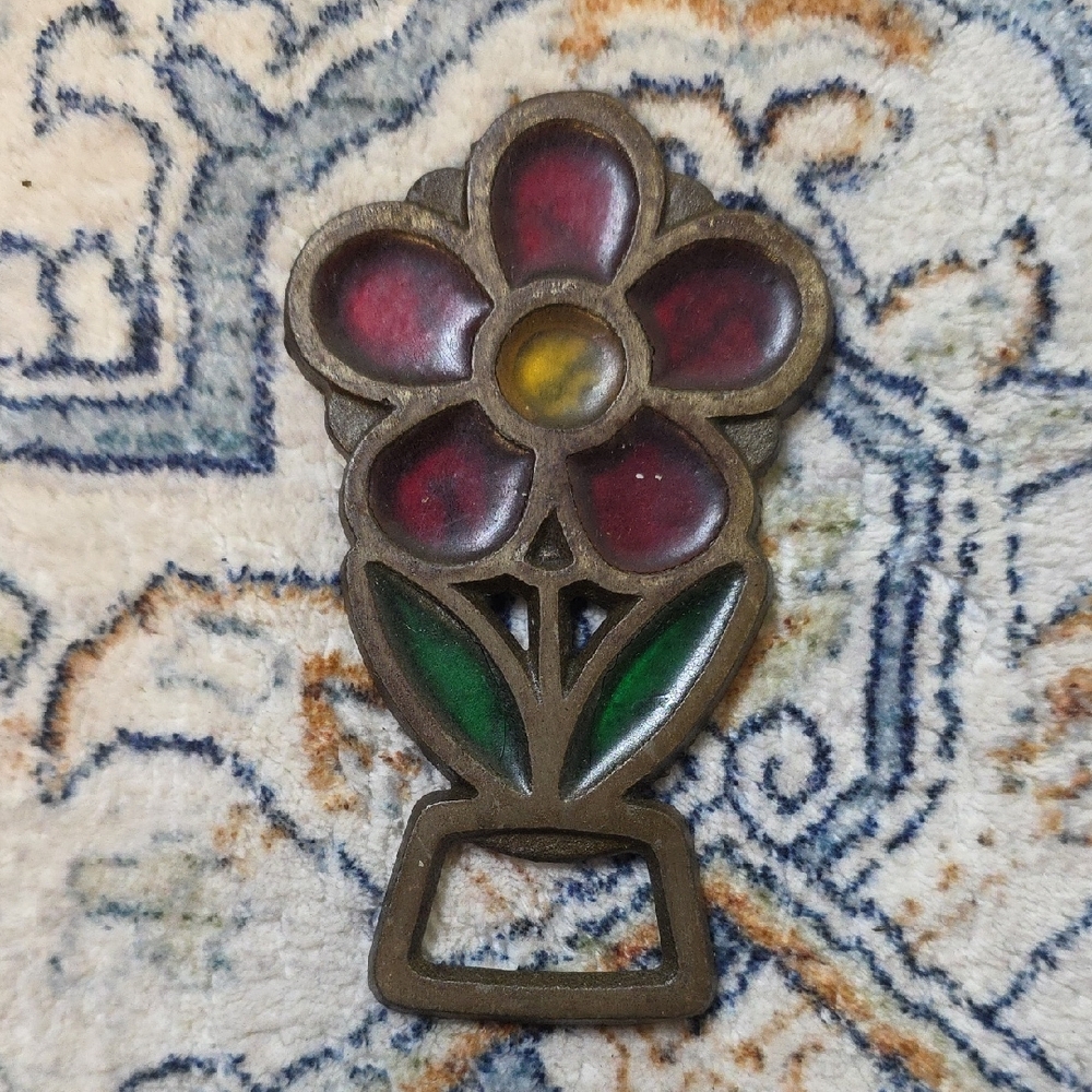 Vintage 1970s Flower Trivet with Red and Green Accents